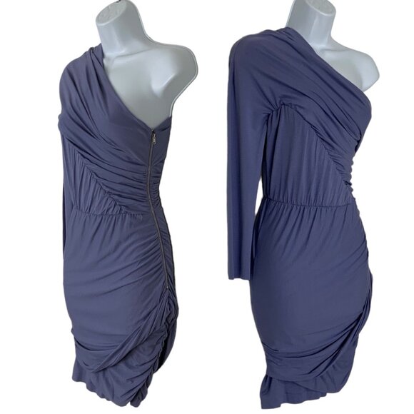 Intermix Carven Dress 36 Blue One Shoulder Mini Bodycon Tiered Ruched Party - Picture 3 of 12